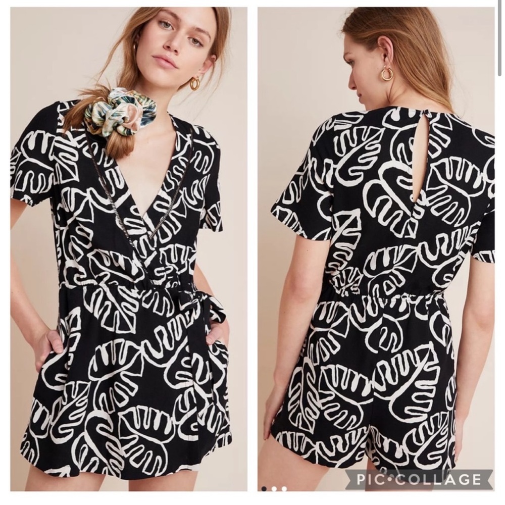 Anthropologie Farm Rio Black and White Palm Print Kiki Surplice Romper
